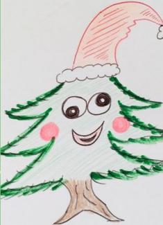 Zeichnung eines Weihnachtsbaumes mit roter Zipfelmütze