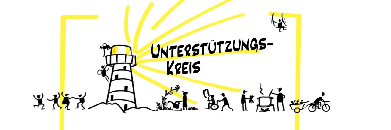 banner_unterstutzungskreis_neu.jpg Grafik mit Leuchtturm, Menschen kommen zusammen für Ko-Kreation und Feiern