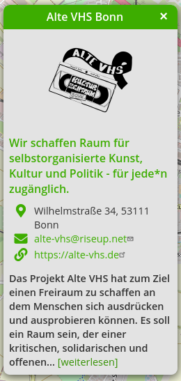 Website-Screenshot eines Organisationseintrags als Kartenvorschau mit Name, Logo, Slogan, Adresse und Kurzbeschreibung