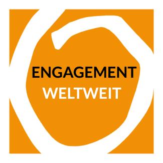 weißer Kringel auf orangem Grund umschließt die Worte ENGAGEMENT WELTWEIT