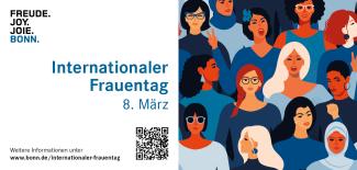 Flyer: Illustration einer Gruppe von Frauen, die einen anblicken