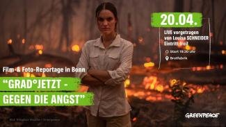 Flyer mit Text zur Veranstaltung, Foto einer jungen Frau, die den Betrachtenden ernst anblickt