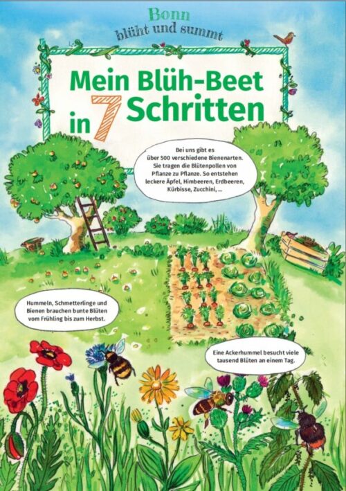 Das Cover von der Bildergeschichte "Mein Blühbeet in Sieben Schritten" zeigt einen Gemüsegarten und schöne blühende Pflanzen